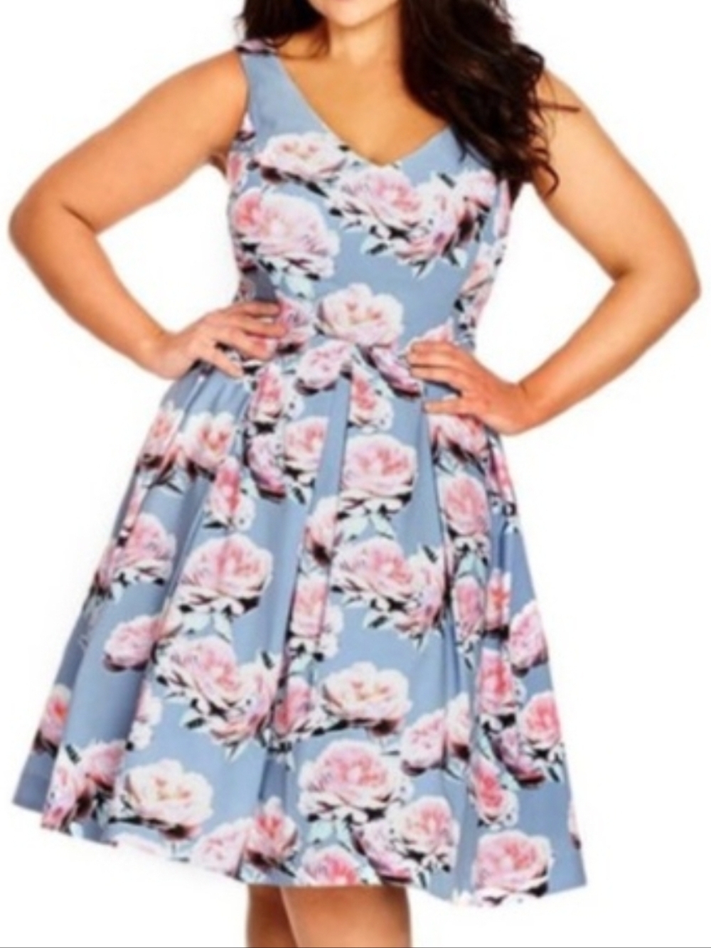City Chic Blue Floral Midi Dress with Pink Blooms Size 18